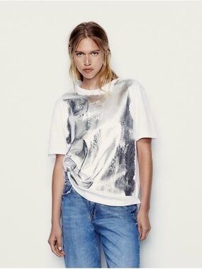 Zara White Tee with Silver Foil Front